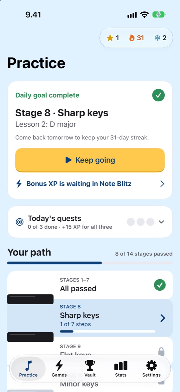 The Practice screen: today's lesson, Stage 8 Sharp keys, a 31-day streak and the path of stages